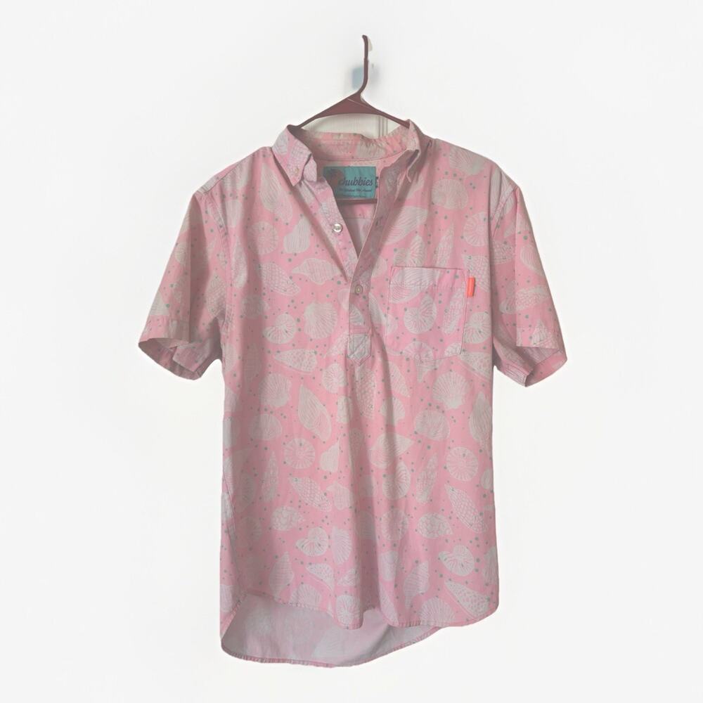Chubbies Polo Shirt Mens Sz S Short Sleeve Blue Pink Sea Shell Beach Pullover